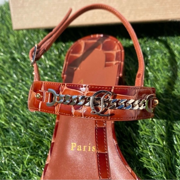 CHRISTIAN LOUBOUTIN MJ THONG CARAMEL BROWN CROC LEATHER SANDALS SZ 39 BLOCK HEEL - Picture 11 of 16